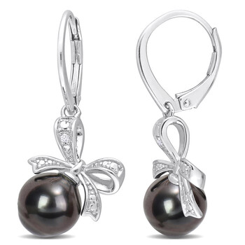 8-9mm Black Tahitian Cultured Pearl and Diamond Accent Bow Leverback Earrings In Sterling Silver JMS009583 8-9mm Black Tahitian Cultured Pearl and Diamond Accent Bow Leverback Earrings In Sterling Silver JMS009583