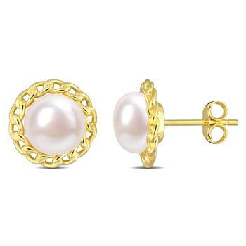 8-8.5mm Cultured Freshwater Pearl Halo Link Stud Earrings In Yellow Plated Sterling Silver JMS009537 8-8.5mm Cultured Freshwater Pearl Halo Link Stud Earrings In Yellow Plated Sterling Silver JMS009537