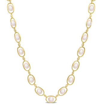 8-8.5mm Freshwater Cultured Pearl and 1/3 CT TGW Cubic Zirconia Oval Link Necklace In 18k Yellow Plated Sterling Silver, 22 In JMS009673 8-8.5mm Freshwater Cultured Pearl and 1/3 CT TGW Cubic Zirconia Oval Link Necklace In 18k Yellow Plated Sterling Silver, 22 In JMS009673