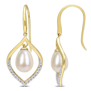 8-8.5mm Freshwater Cultured Pearl and 1/3 CT TGW White Topaz Open Hook Earrings In Yellow Plated Sterling Silver JMS009560 8-8.5mm Freshwater Cultured Pearl and 1/3 CT TGW White Topaz Open Hook Earrings In Yellow Plated Sterling Silver JMS009560