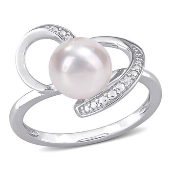 8-8.5mm Freshwater Cultured Pearl and Diamond Accent Heart Ring in Sterling Silver 8-8.5mm Freshwater Cultured Pearl and Diamond Accent Heart Ring in Sterling Silver