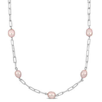 8-9mm Pink Cultured Freshwater Pearl Station Necklace In Sterling Silver 8-9mm Pink Cultured Freshwater Pearl Station Necklace In Sterling Silver