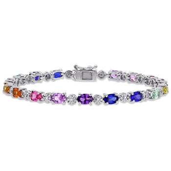 9-7/8 CT TGW Multi-color Created Sapphire and Diamond-accent Tennis Bracelet In Sterling Silver JMS006479