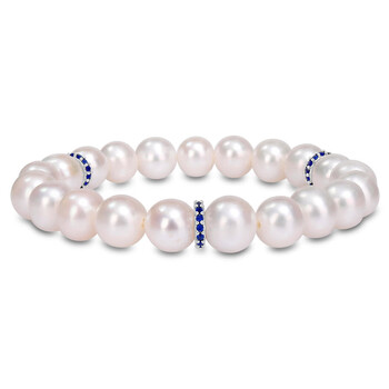 9-9.5mm Freshwater Cultured Pearl and Created Sapphire Rondelles Bracelet In Sterling Silver JMS009486
