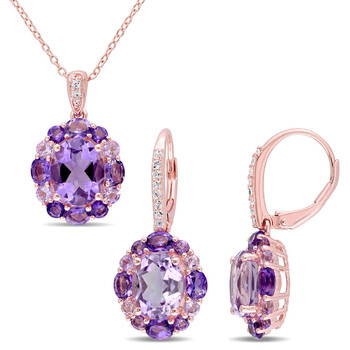2-pc Set Of 9 1/5 CT TGW Amethyst, White Topaz, Rose De France Floral Pendant with Chain and Earrings Set In Rose Plated Sterling Silver JMS007831