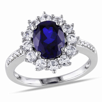 Sterling Silver 0.05 CT Diamond TW And 4 CT TGW Created Blue And White Sapphire Halo Ring Sterling Silver 0.05 CT Diamond TW And 4 CT TGW Created Blue And White Sapphire Halo Ring