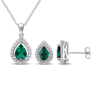 3 1/5 CT TGW Created Emerald and Created White Sapphire Teardrop Halo Pendant with Chain and Stud Earrings Set In Sterling Silver JMS007799 3 1/5 CT TGW Created Emerald and Created White Sapphire Teardrop Halo Pendant with Chain and Stud Earrings Set In Sterling Silver JMS007799