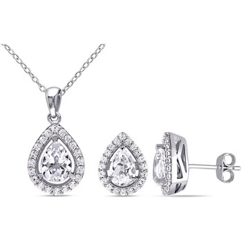 4 7/8 CT TGW Created White Sapphire Teardrop Halo Pendant with Chain and Stud Earrings 2-piece Set In Sterling Silver JMS006820 4 7/8 CT TGW Created White Sapphire Teardrop Halo Pendant with Chain and Stud Earrings 2-piece Set In Sterling Silver JMS006820