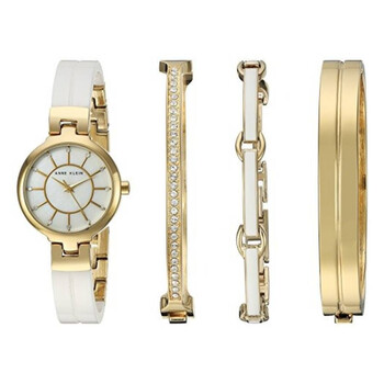 Quartz Ladies Gold-Tone and White Ceramic Watch and Bracelet Set AK-2048GXST