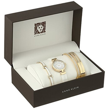 Quartz Ladies Gold-Tone and White Ceramic Watch and Bracelet Set AK-2048GXST