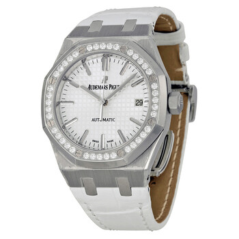 Royal Oak Automatic Diamond Silver Dial White Leather Ladies Watch 15451ST.ZZ.D011CR.01