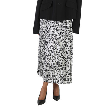 Balenciaga Ladies Logo Strips Pleated Drawstring Midi Skirt, Brand