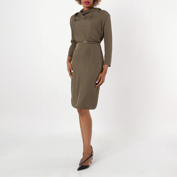 Military Green Cowl-Neck Belted Midi Dress