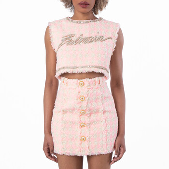 Embellished Logo Tweed Crop Top