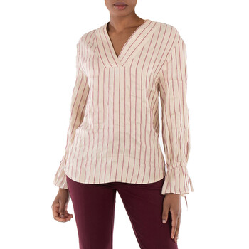 Ladies Beige Stiped Linen V Collar Shirt