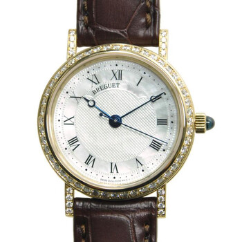 Classique Mother of Pearl Dial 18kt Yellow Gold Diamond Black Leather Ladies Watch 8068BA52964DD00