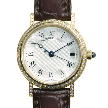 Classique Mother of Pearl Dial 18kt Yellow Gold Diamond Black Leather Ladies Watch 8068BA52964DD00