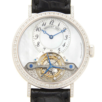 Tourbillon Mother of Pearl Dial 18kt White Gold Diamond Black Leather Ladies Watch 3358BB52986DD00