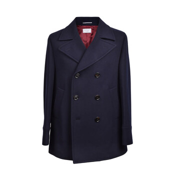 Brunello Cucinelli Navy Cashmere Pea Coat With Fur Collar, Brand