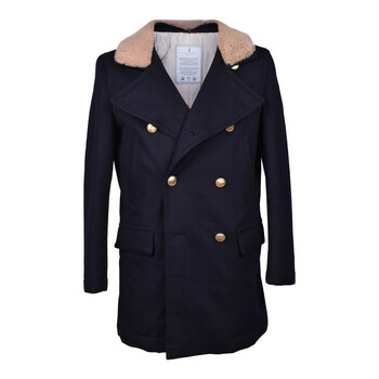Brunello Cucinelli Navy Cashmere Pea Coat With Fur Collar, Brand