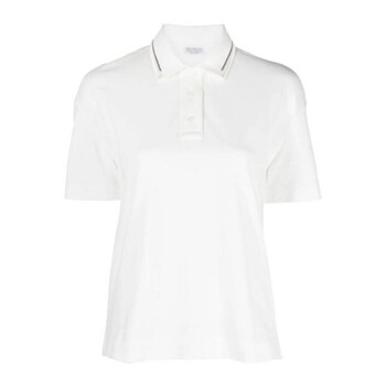Brunello Cucinelli White Polo With Embellished Collar, Size Medium