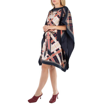 Abstract Check Print Silk Belted Cape