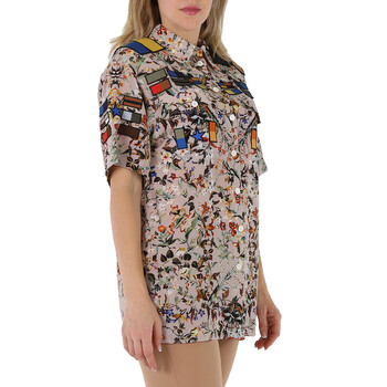 Badge Appliques Iris Floral-Print Silk Crepe De Chine Oversized Shirt