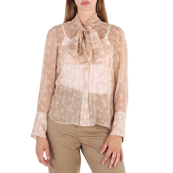 Beige Deer Print Pussybow Blouse