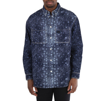Burberry Dark Canvas Blue Fish Scale Print Denim Snap Shirt