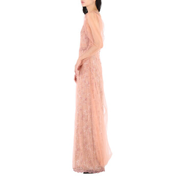 Floral-embroidered Puff-sleeve Dress In Dusty Pink