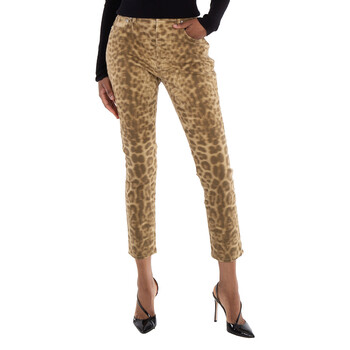 Ladies Beige Straight Fit Leopard Print Japanese Denim Jeans 8016924