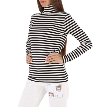 Ladies Black Striped Stretch Jersey Turtleneck Top