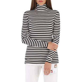 Ladies Black Striped Stretch Jersey Turtleneck Top