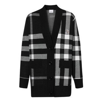 Burberry Ladies Black Thea Deer Motif Check Wool Blend Cardigan