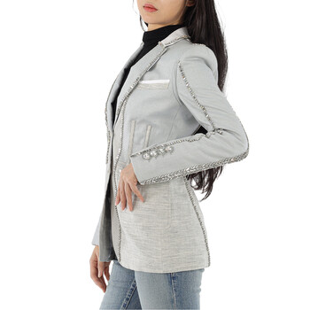 Grey Melange Technical Linen Blazer with Crystal Embroidery, Brand Size 6 (US Size 4)