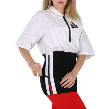 Ladies Optic White Knitted Panel Short-Sleeved Shirt