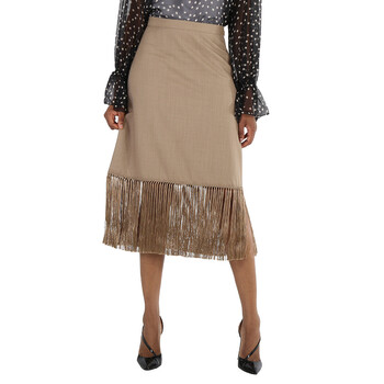 Ladies Pecan Melange High-waist Fring-hem Wool And Cashmere Skirt