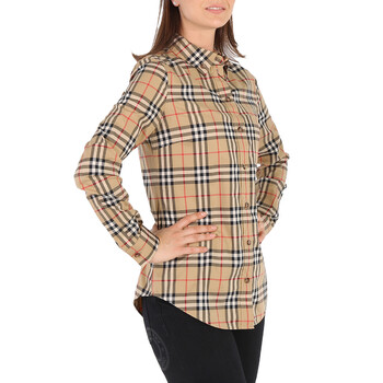 Ladies Vintage Check Stretch Cotton Button-down Collar Shirt