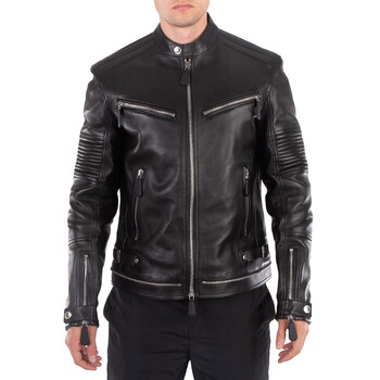 Burberry Men's Black Selsdon Zippered Leather Motorcycle Jacket