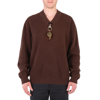 Burberry Men's Brown Wool V-Neck Gold-Plated Whistle Detail Rib