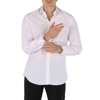Burberry Men's White Clacton Classic Fit Embellished Cotton Poplin