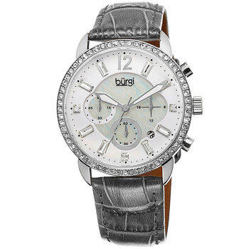 Crystal Chronograph Grey Leather Mother of Pearl Dial Ladies Watch BUR089GY