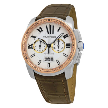 Calibre De Cartier Silver Dial Stainless Steel 18kt Pink Gold Brown Alligator Men's Watch W7100043