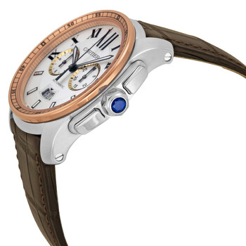 Calibre De Cartier Silver Dial Stainless Steel 18kt Pink Gold Brown Alligator Men's Watch W7100043