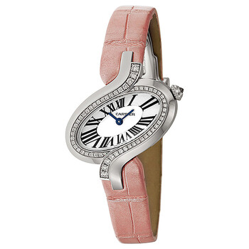 Delices Silver Dial 18kt White Gold Diamond Pink Leather Ladies Watch WG