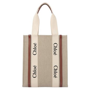 トートバッグ CHLOE WOODY MINI TOTE BAG Chloé Mini Woody Tote Bag In Linen in White - Brown | Chloé US