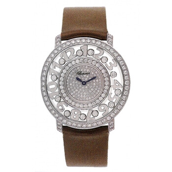 Happy Diamonds Pave Dial 18kt White Gold Brown Leather Ladies Watch 207227-1001