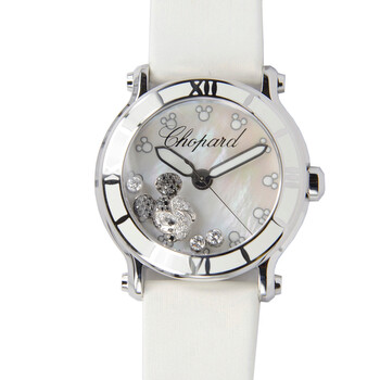 Happy Sport Diamond Mickey Mouse Mother of Pearl Dial White Satin Ladies Watch 288524-3004