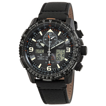 Citizen JY8149-05E Orologio Uomo Analogico-Digitale, Tecnologia Eco-Drive, Cinturino In Pelle Nera, Cassa 46 Mm, Impermeabile 20 Bar, Cronometro E Radio