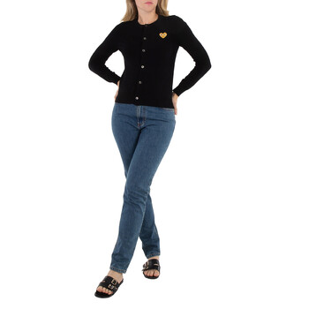 Comme Des Garcons Ladies Gold Heart Crewneck Cardigan In Black 